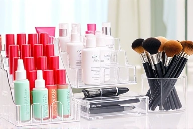 Close-up of acrylic makeup organizers filled with beauty products.